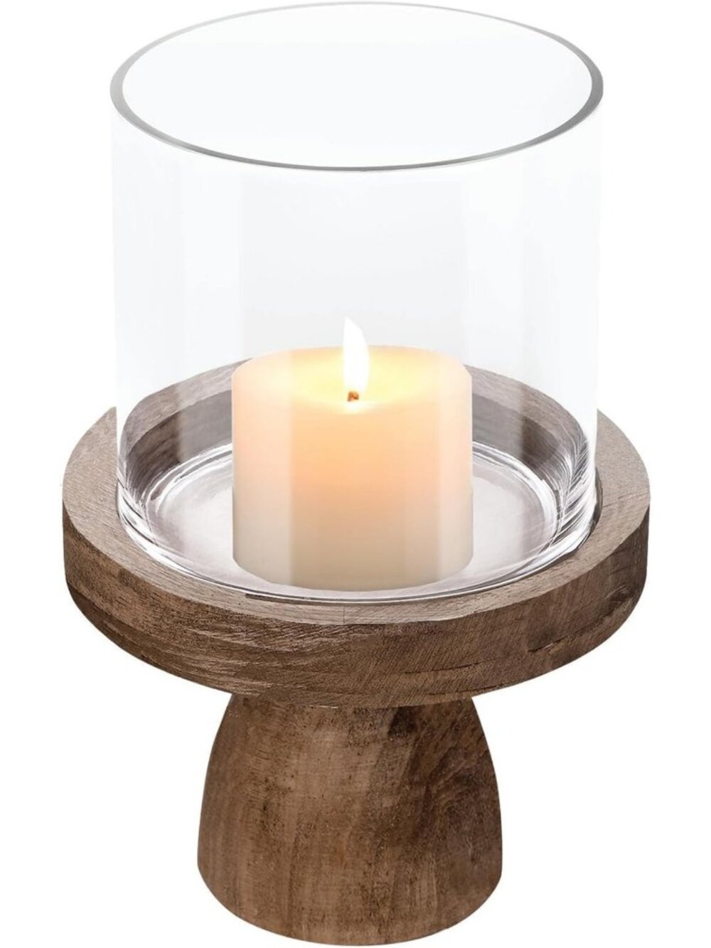 7" Wide Vintage Glass Hurricane Candle Holder & Vase with Sturdy Wooden Base for